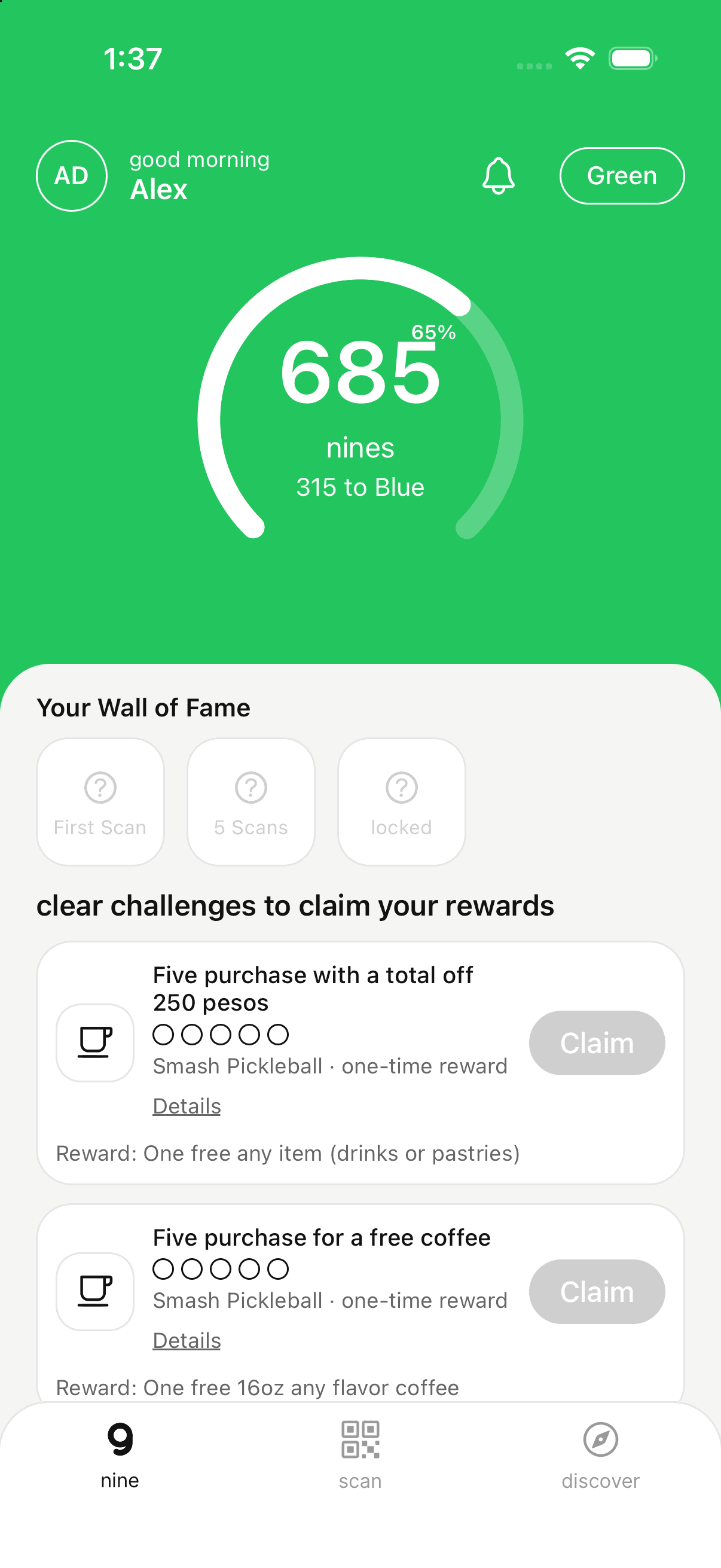 Out Of Nine app Home screen showing the Green tier, Nines progress, Wall of Fame and test challenges
